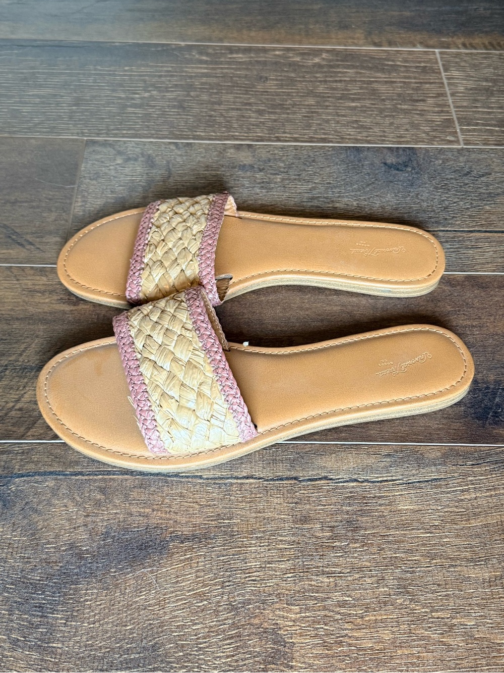 Universal Thread Tan Straw Slide Sandals with Pink Trim